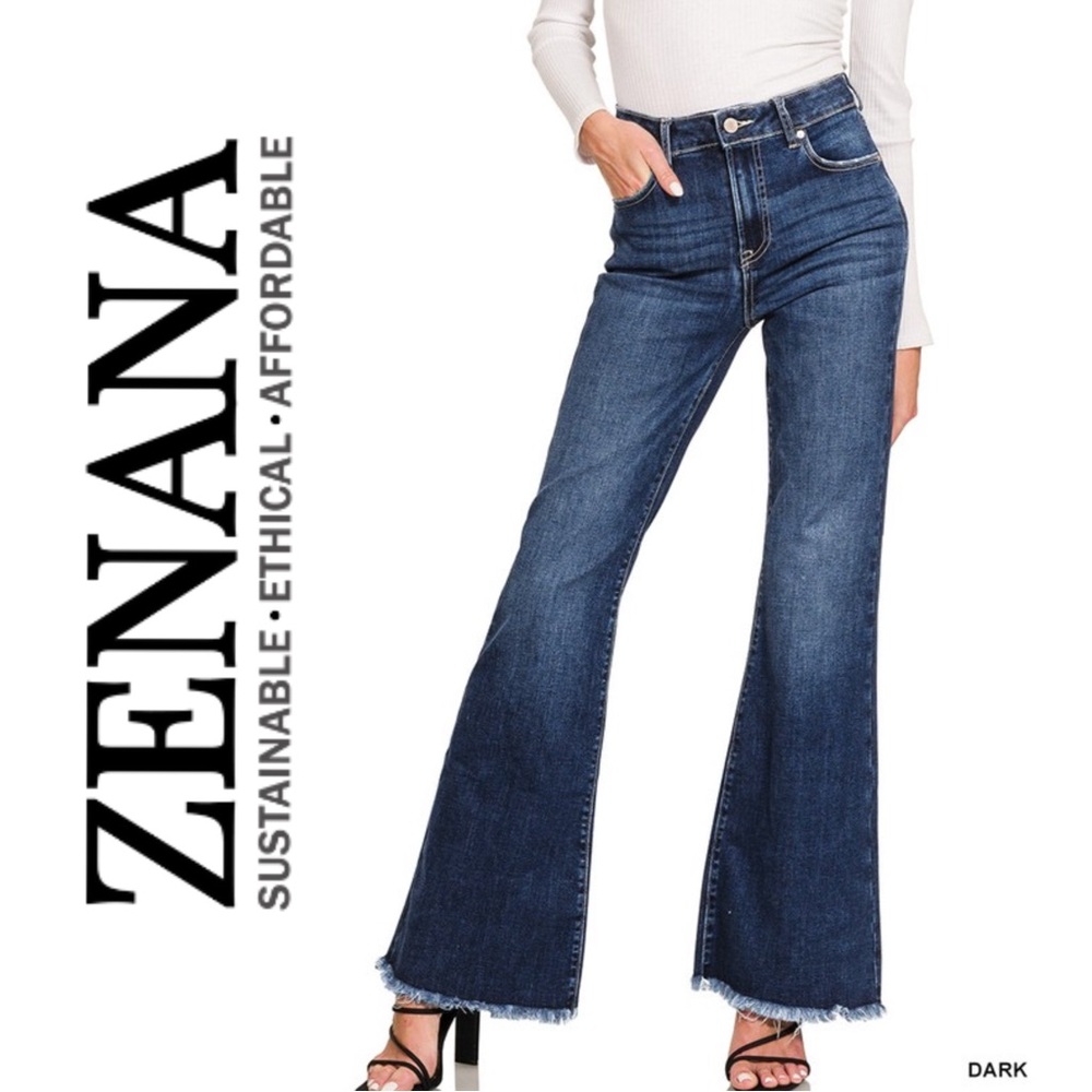 ✨NEW!✨ ZENANA | High Rise Dark Wash Bell-Bottom Frayed Hem Jeans